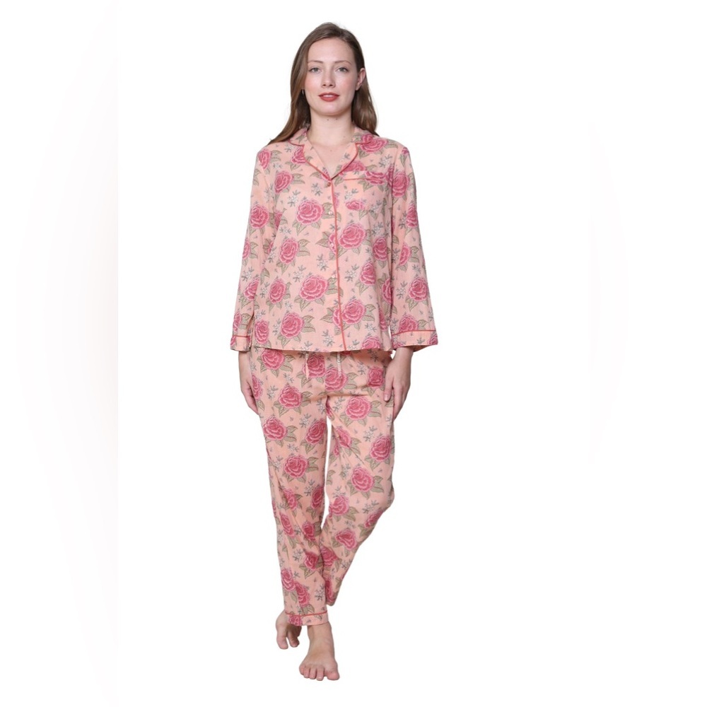 La Cera Cotton Print Pj Set in Peach Size Large